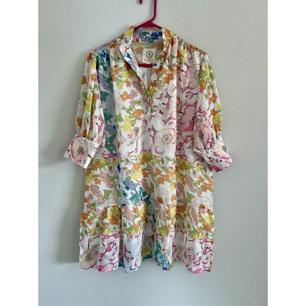 Arthur Jane Claire Floral Patchwork Mini Dress Multicolor Ruffle Hem Womens L g3 - Picture 2 of 9